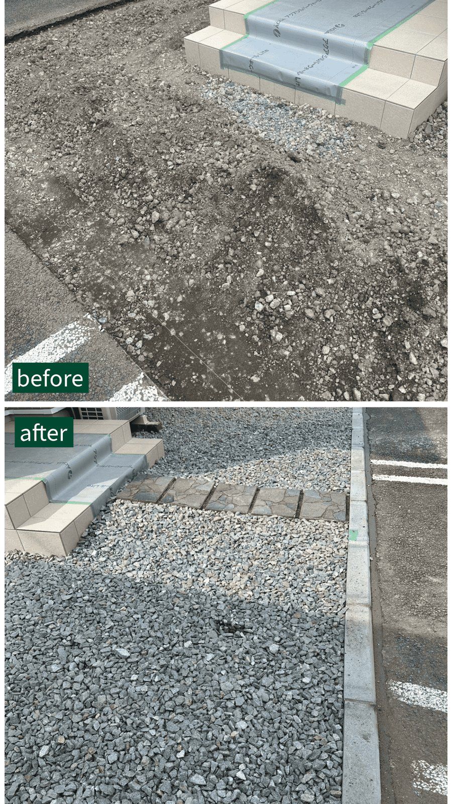 縁石で見切った砕石敷きの雑草対策のビフォーアフター